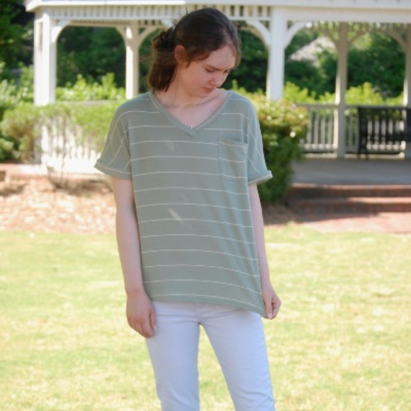 Bates Sisters Boutique Tops - Spring / Summer/ Easter Top Green Striped Pocket Top Hailey & Co